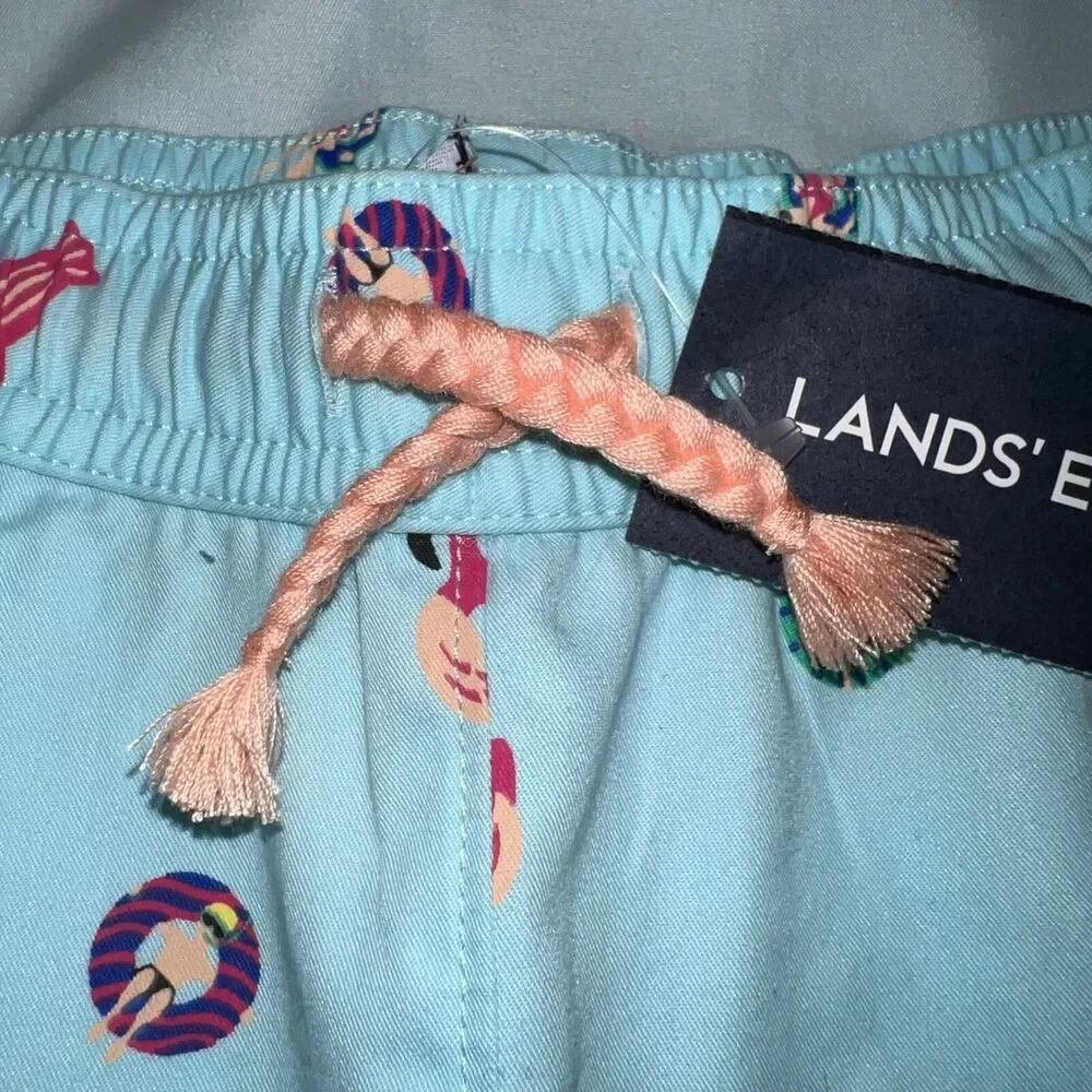 Lands End Girls Swim Shorts Beach Print Cotton Summer Light Blue Medium